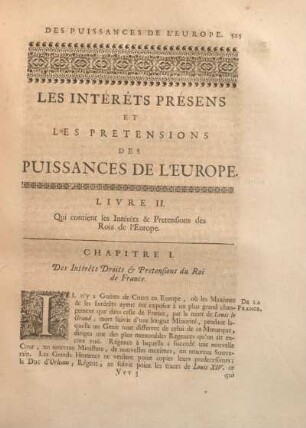 Chapitre I. Des Intérets Droits & Pretensions du Roi de France.