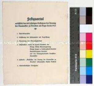 Programmablauf der Feier anlässlich des 400jährigen Bestehens der Baumeisterinnung zu Dresden