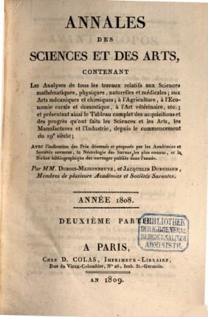 Annales des sciences et des arts. 1808 (1809), 2