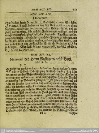 Num. Act. XX. Memorial des Herrn Anklägers nebst Beyl. sub Lit. A.