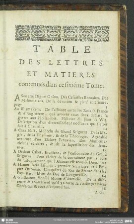 Table Des Lettres Et Matieres contenues dans ce sixieme Tome