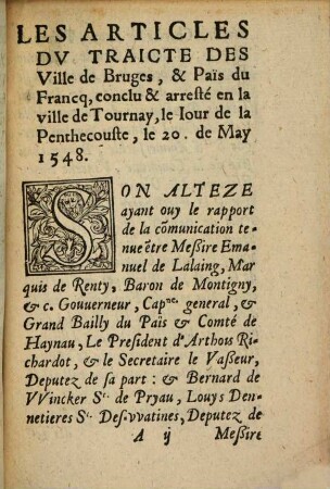 Les Articles Dv Traicte des Ville de Bruges, & Païs du Francq, conclu & arresté en la ville de Tournay, le Iour de la Penthecouste, 20. de May, 1584