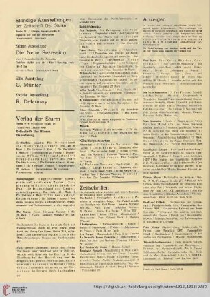 Notizen / Ständige Ausstellungen / Zehnte Ausstellung Die Neue Sezession / Elfte Ausstellung G. Münter / Zwölfte Ausstellung R. Delaunay / Verlag der Sturm / Zeitschriften / Anzeigen