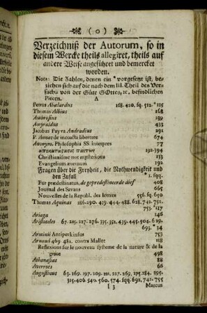 Verzeichniß der Autorum, so in diesem Wercke theils allegiret, theils auf andere Weise angeführet und bemercket worden.