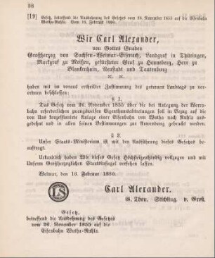 19. Expropriationsgesetz für den bau einer Eisenbahn von Wutha nach Ruhla