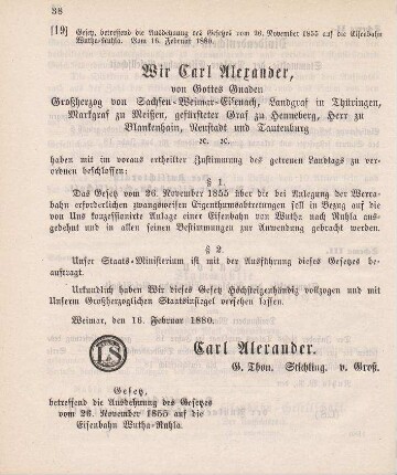 19. Expropriationsgesetz für den bau einer Eisenbahn von Wutha nach Ruhla