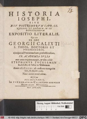 Historia Josephi, Sive XIV Postremorum Capp. Geneseos Et Locorum In Iis Difficiliorum Expositio Literalis
