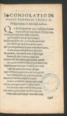 Consolatio in Morte Barbarae Uxoris M. Philippi Nidani.