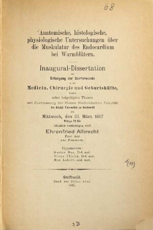 Anatomische, histologische, physiologische Untersuchungen über die Muskulatur des Endocardium bei Warmblütern ...