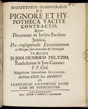 Dissertatio Inauguralis, De Pignore Et Hypotheca Tacite Contractis