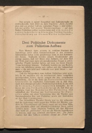 Drei Politische Dokumente zum Palästina-Aufbau