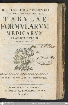 Io. Friderici Carthevser Med. Doct. Et Prof. Pvbl. Ord. Tabvlae Formvlarvm Medicarvm Preascriptioni Inservientes