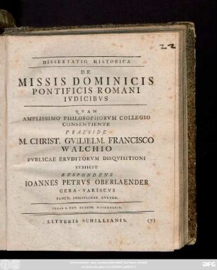 Dissertatio Historica De Missis Dominicis Pontificis Romani Ivdicibvs