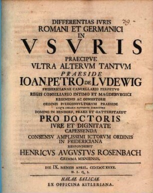 Differentias Ivris Romani Et Germanici In Vsvris : Praecipve Ultra Altervm Tantvm