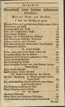 Verzeichniß derer darinne enthaltenen Andachten