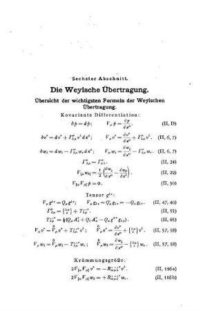 Übersicht der wichtigsten Formeln der Weylschen Übertragung.