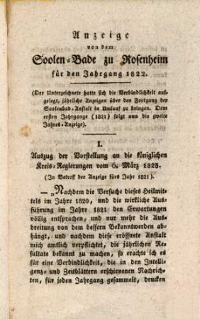 Anzeige von dem Soolen-Bade zu Rosenheim : für das J. 1821 - 1822