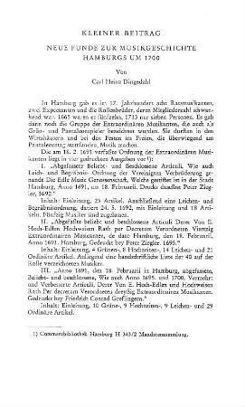 Kleiner Beitrag : Neue Funde zur Musikgeschichte Hamburgs um 1700