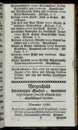 Verzeichnis dererjenigen Sachen, worinnen Appellations-Processe erkannt oder abgeschlagen worden.
