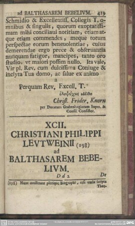 XCII. Christiani Philippi Leutweinii ad Balthasarem Bebelium