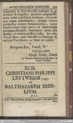 XCII. Christiani Philippi Leutweinii ad Balthasarem Bebelium
