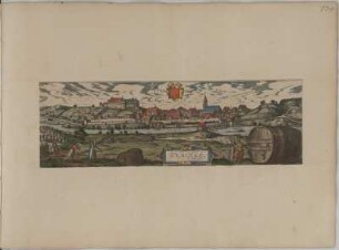 Ansicht von Tübingen von Süden, Kolorierte Kupferstich, um 1572 : Tvbingen - Tvbinga. [Ansicht von Süden] / [Stecher: Franz Hogenberg. Hrsg.: Georg Braun]. - [Coloniae Agrippiae] : [Auctores], [um 1572]. - 1 Ortsansicht : Kupferstich ; 46,0 x 15,0 cm. Titelkartusche unten - Mit 4 Figuren und Weinfass im Vordergrund - Mit Wappen Hogenberg, Franz, Radierer?