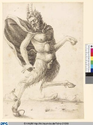 Satyr, nach rechts sprengend, um dessen linken Knöchel sich eine Schlange windet