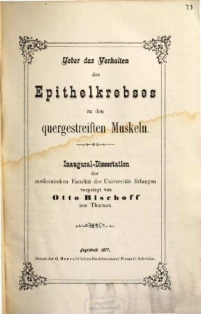 Über das Verhalten des Epithelkrebses zu den quergestreiften Muskeln