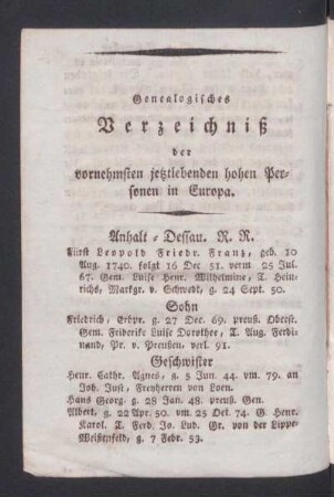 Genealogisches Verzeichniß der vornehmsten jetztlebenden hohen Personen in Europa