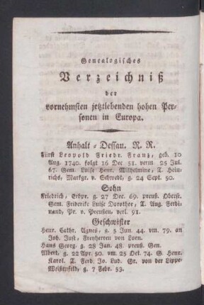 Genealogisches Verzeichniß der vornehmsten jetztlebenden hohen Personen in Europa