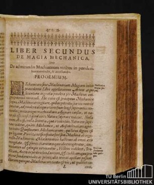 Liber Secundus De Magia Mechanica, Sive De admirandis Machinarum viribus in ponderibus movendis, & attollendis.
