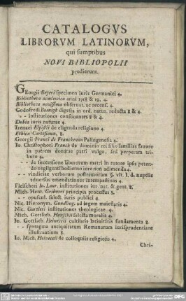 Catalogus Librorum Latinorum, qui sumptibus Novi Bibliopolii proderunt