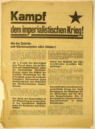 Programmatischer Aufruf an die Fabrik- und Chemiearbeiter zur Großdemonstration am 1. August gegen Imperialismus und Giftgaskrieg - pro Schutz der Sowjetunion