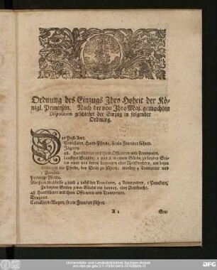 Ordnung des Einzugs Ihro Hoheit der Königl. Princeßin. Nach der von Ihro Maj. gemachten Disposition geschiehet der Einzug in folgender Ordnung.