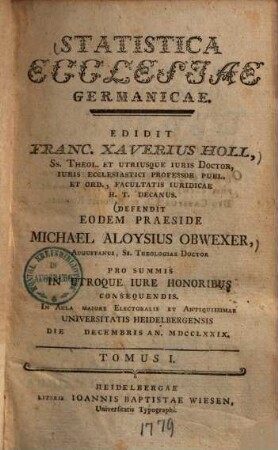 Statistica Ecclesiae Germanicae, Tomus I.