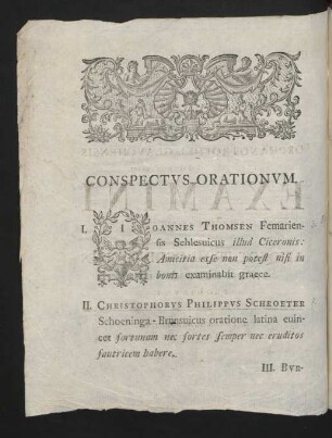 Conspectus Orationum.