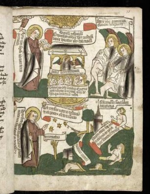 Johannes mit der Öffnung der Siegel. (1) Das fünfte Siegel: Seelen der Märtyrer (Apc. VI, 9-11); (2) Das sechste Siegel: Erdbeben und Verfinsterung (Apc. VI, 12-16).