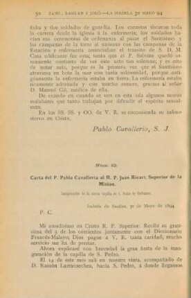 Núm. 13. Carta del P. Pablo Cavallería al R. P. Juan Ricart, Superior de la Misión