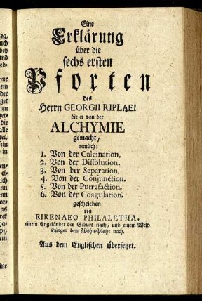Eine Erklärung über die sechs ersten Pforten des Herrn Georgii Riplaei [...]
