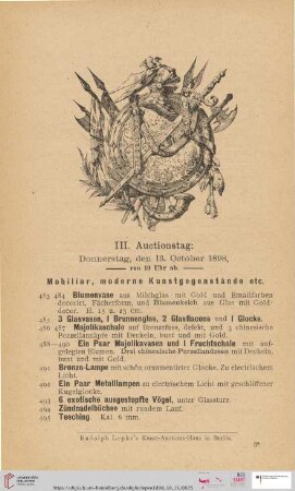 III. Auctionstag: Donnerstag, den 13. October 1898 (Nr. 483 - 640)