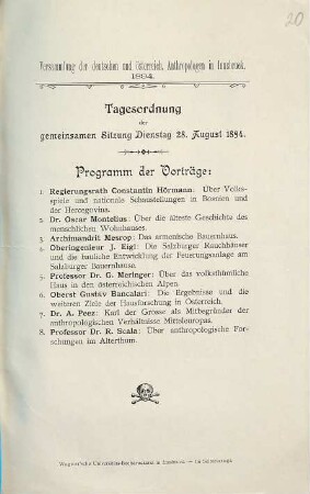 Versammlung der deutschen und österreichischen Anthropologen in Innsbruck 1894. : Tagesordnung der gemeinsamen Sitzung Montag 28. August 1894.