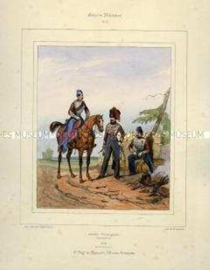 Uniformdarstellung, Offiziere und Trompeter des 2. Husaren-Regiments, Königreich Frankreich, 1840/1847. Tafel Nr. 18 aus: Galerie Militaire.