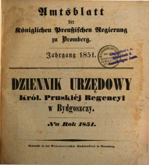 Amtsblatt der Königlichen Preußischen Regierung zu Bromberg. 1851