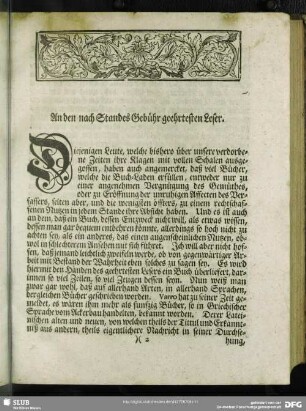 [Vorrede an den Leser] An den nach Standes Gebühr geehrtesten Leser