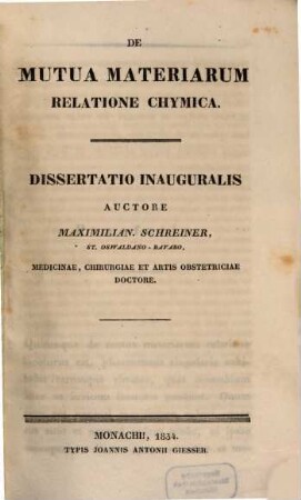 De mutua materiarum relatione chymica : dissertatio inauguralis