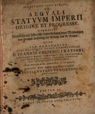 Diss. ... de aequali statuum Imperii origine et progressu