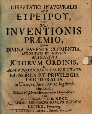 Disputatio Inauguralis peri tu Euretru, Seu De Inventionis Praemio