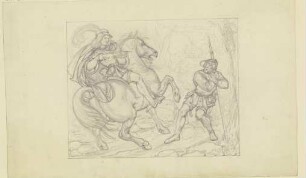 Ungedeutete Szene: Ein Ritter, einen mit einem Spieß bewaffneten Bauern an einem Bildstock mit der Armbrust bedrohend