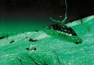 Space-Figur im Schnee mit fliegender Alu-Untertasse im Vordergrund (Altersgruppe 18-21)