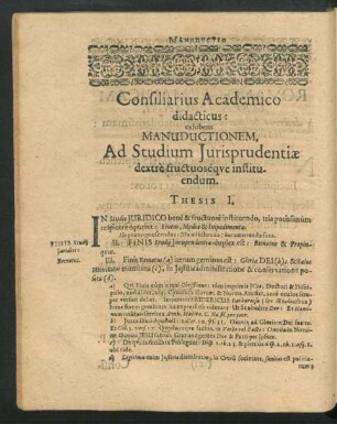 Consiliarius Academico didacticus: exhibens Manuductionem, Ad Studium Iurisprudentiae dextre fructuoseque instituendum.